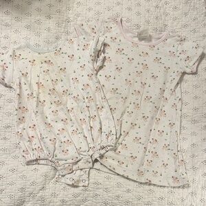 Sibling Set - boys onsie with blue trim and girls dress with pink trim